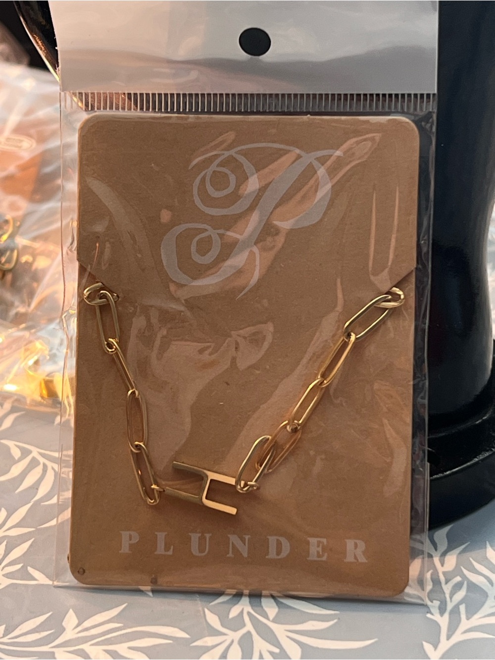Plunder Gold tone Link Necklace with “H” Letter Charm